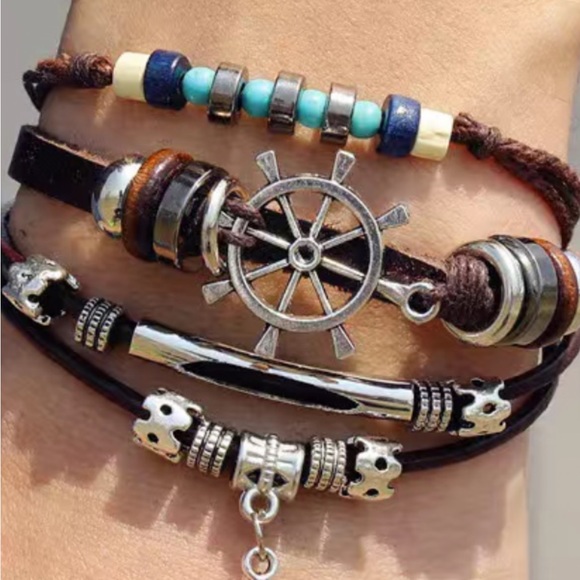 2305-PCM Turquoise, Silver, & Wooden Beads, Pendants Leather 4 Layer Bracelet - Picture 6 of 12